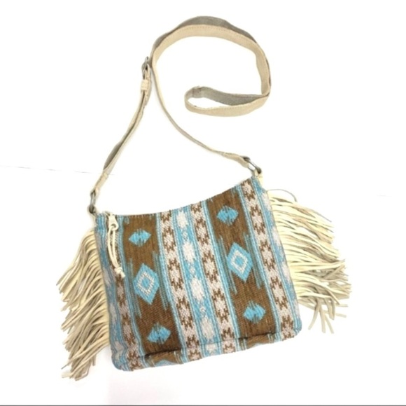 MINNETONKA Baja Western Jacquard Boho chic Suede Fringe Crossbody Bag Ivory Blue - Picture 4 of 12